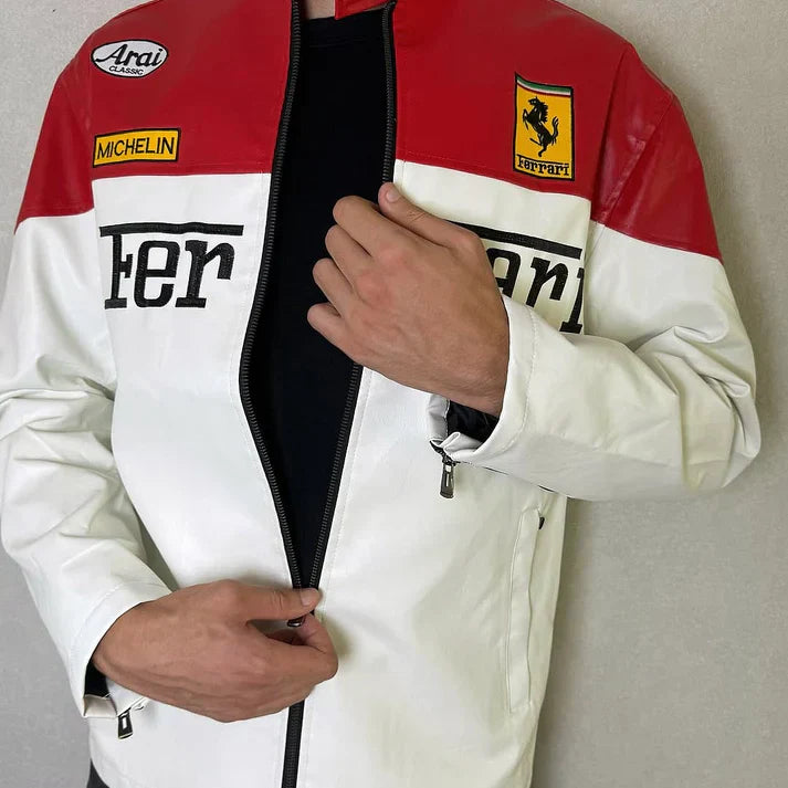 Giacca in Pelle Racing Bianca – Stile F1
